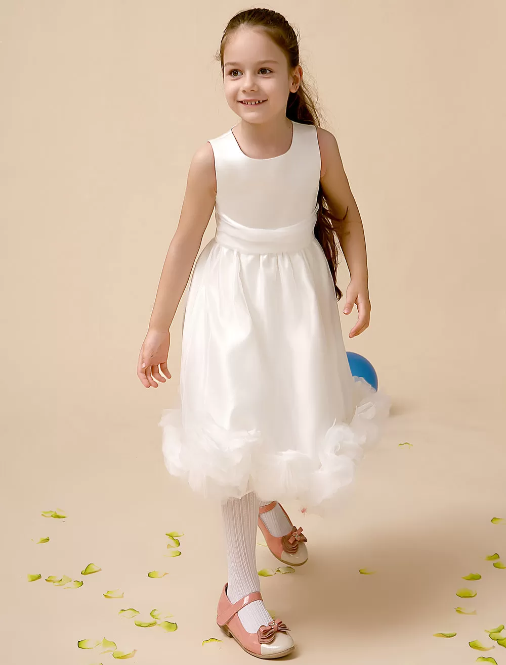 Ivory A-Line Princess Jewel Neck Tea-Length Flower Flower Girl Dress