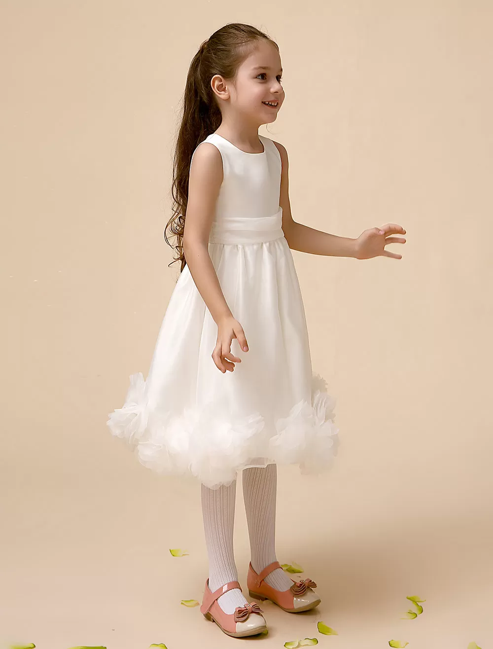 Ivory A-Line Princess Jewel Neck Tea-Length Flower Flower Girl Dress