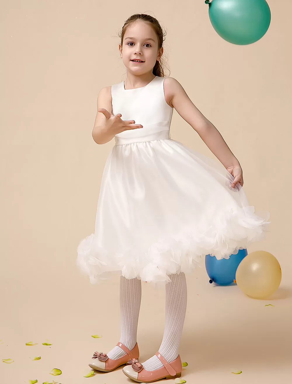 Ivory A-Line Princess Jewel Neck Tea-Length Flower Flower Girl Dress