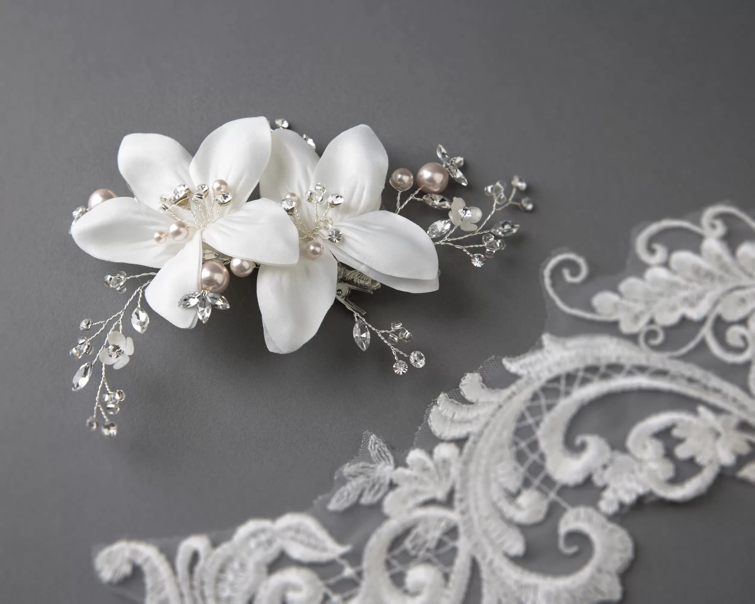 Ivory Wedding Hair Flower with Light Blush Pearls