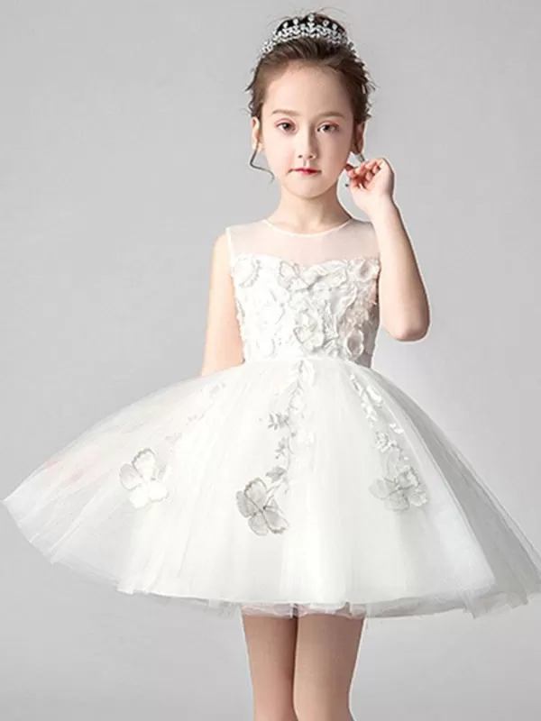 Jewel Neck Sleeveless Bows Kid Party Dresses Butterfly Pattern Flower Girl Dresses