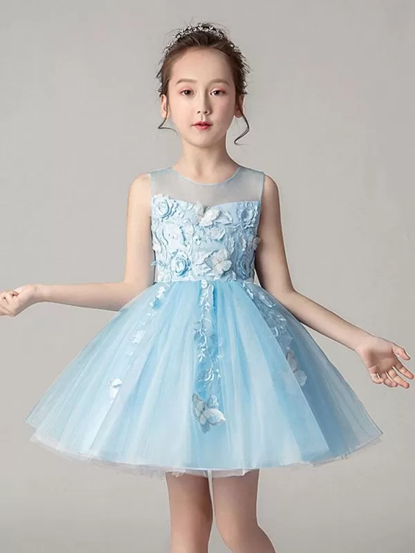 Jewel Neck Sleeveless Bows Kid Party Dresses Butterfly Pattern Flower Girl Dresses