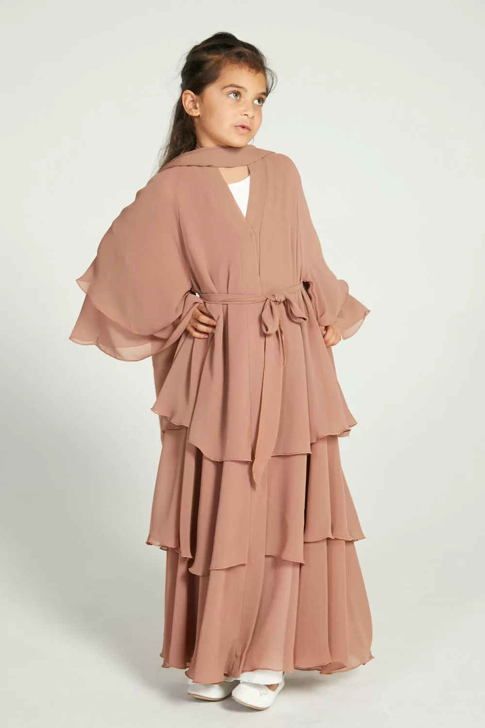 Junior Girls Butterscotch Chiffon Layered Open Abaya