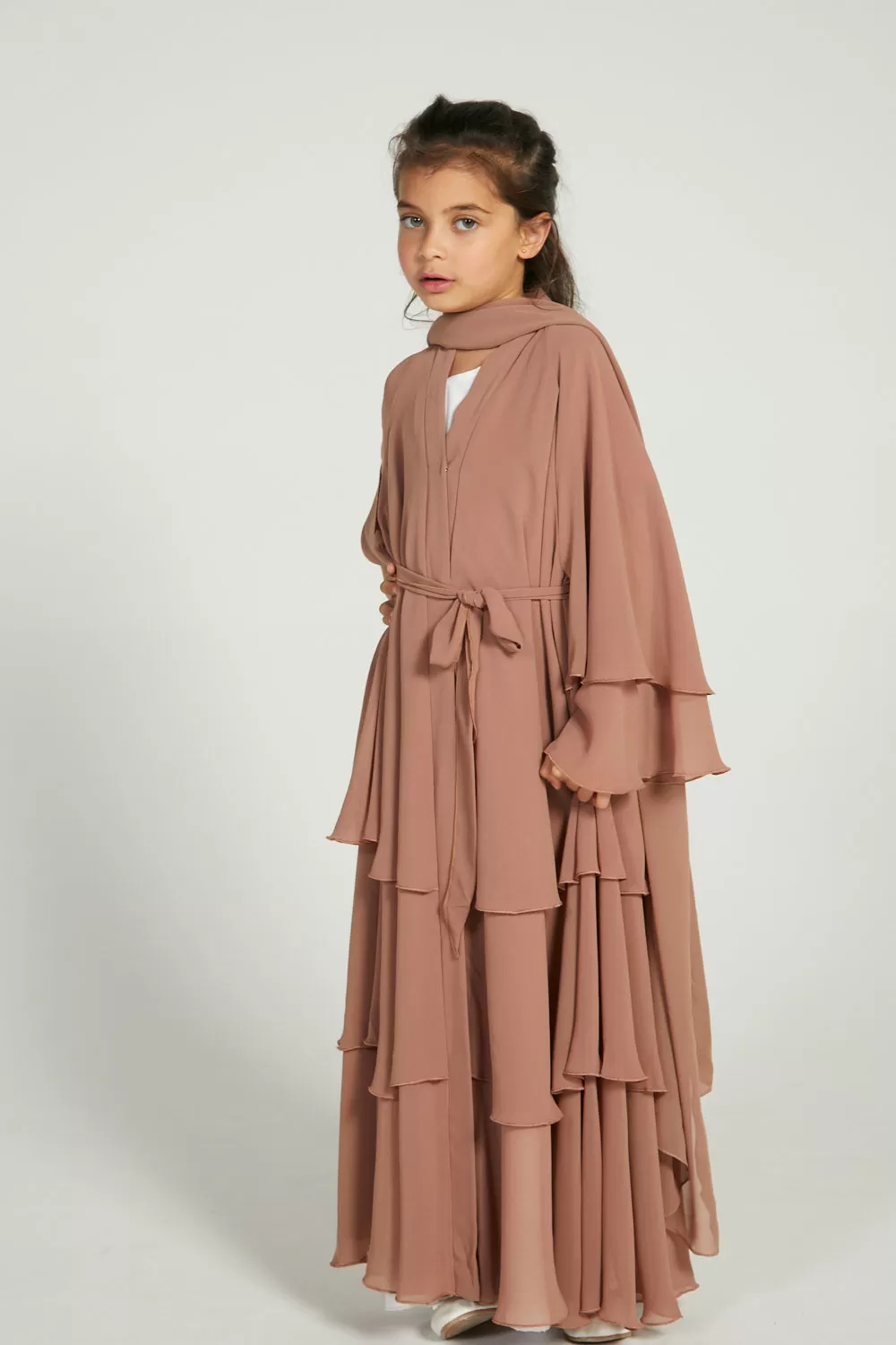 Junior Girls Butterscotch Chiffon Layered Open Abaya