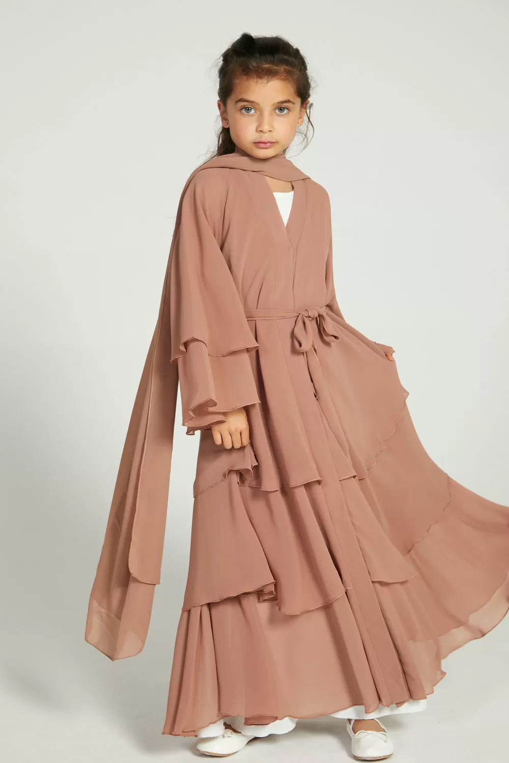 Junior Girls Butterscotch Chiffon Layered Open Abaya