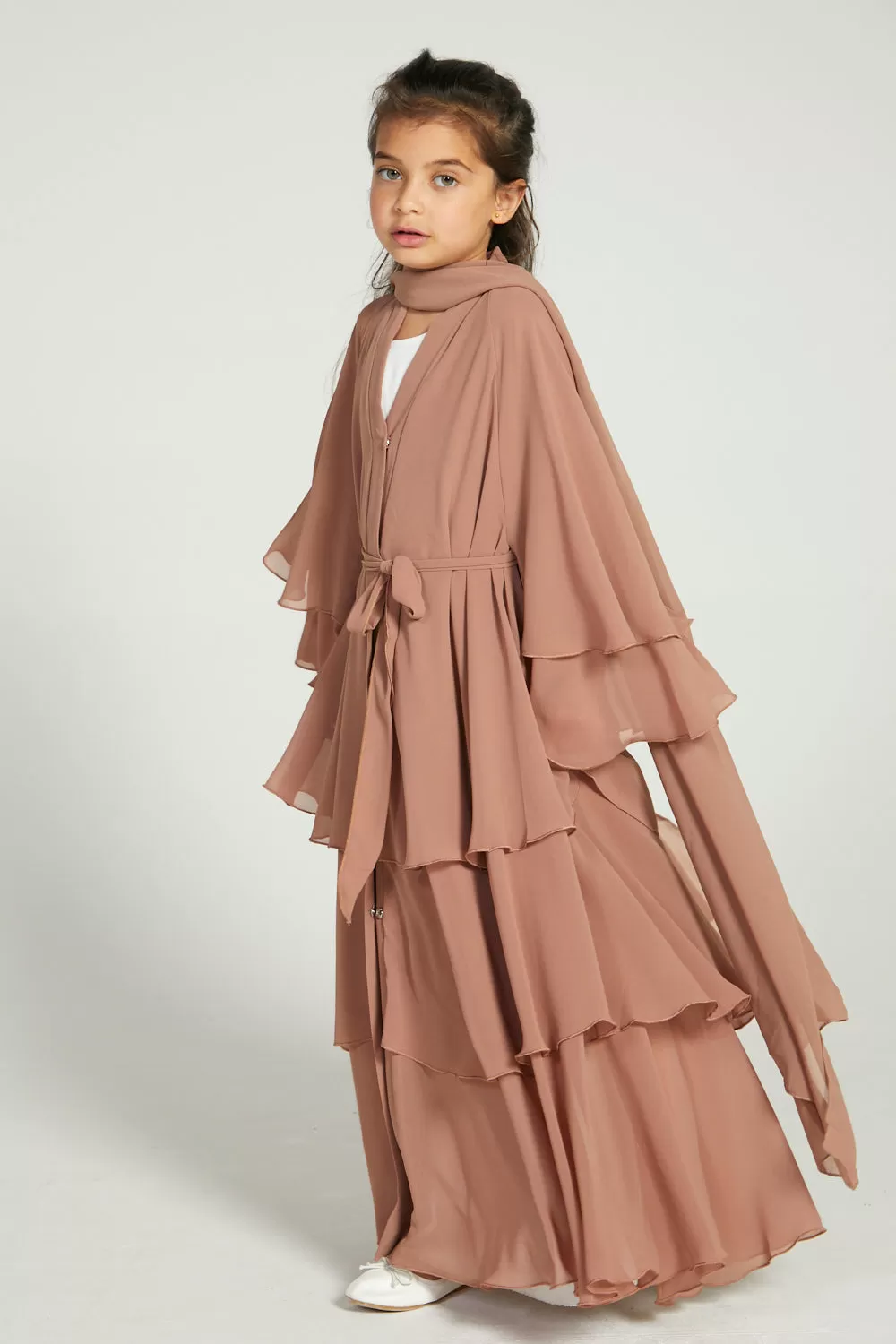 Junior Girls Butterscotch Chiffon Layered Open Abaya