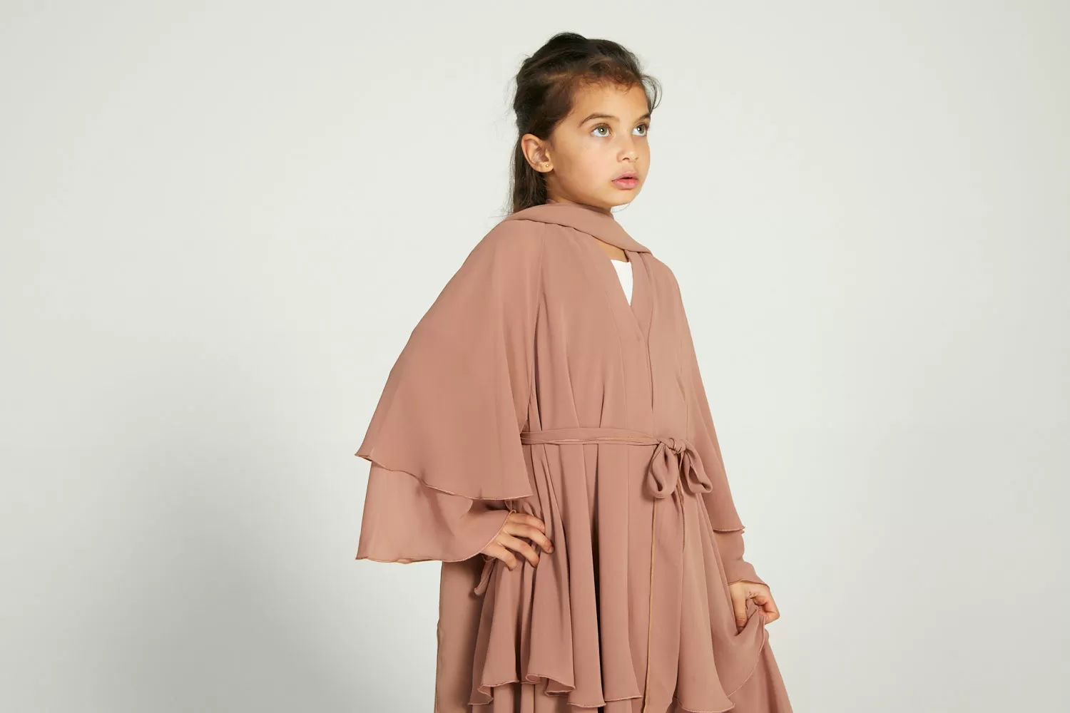 Junior Girls Butterscotch Chiffon Layered Open Abaya