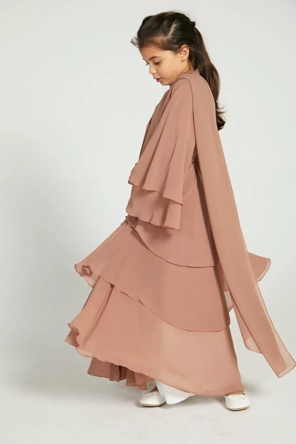 Junior Girls Butterscotch Chiffon Layered Open Abaya