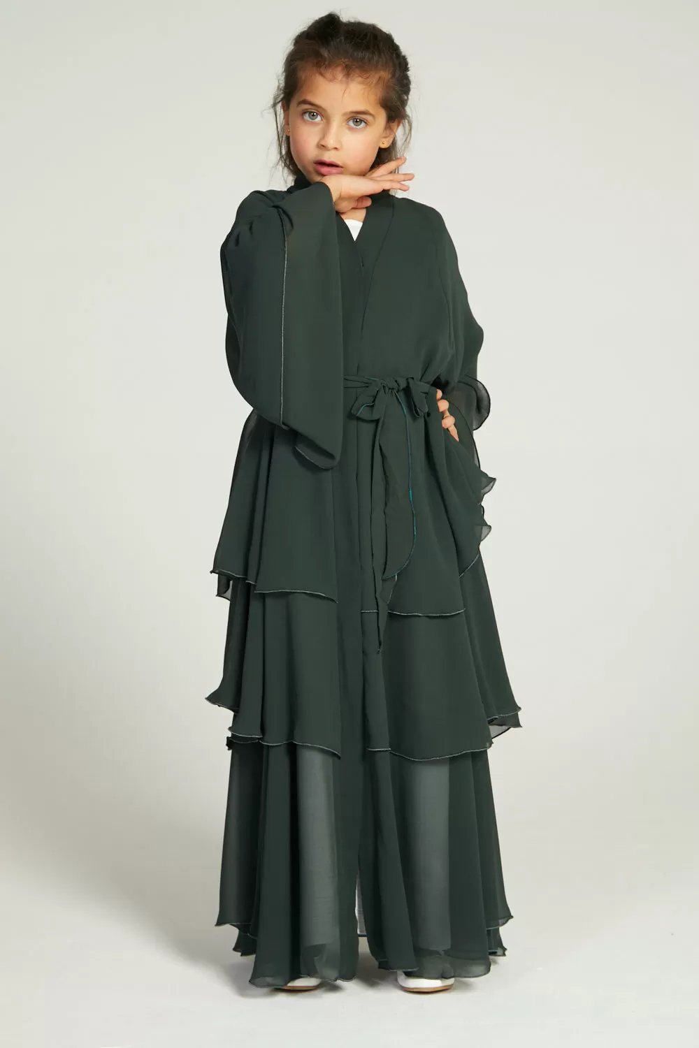 Junior Girls Chiffon Layered Open Abaya -  Forest Green