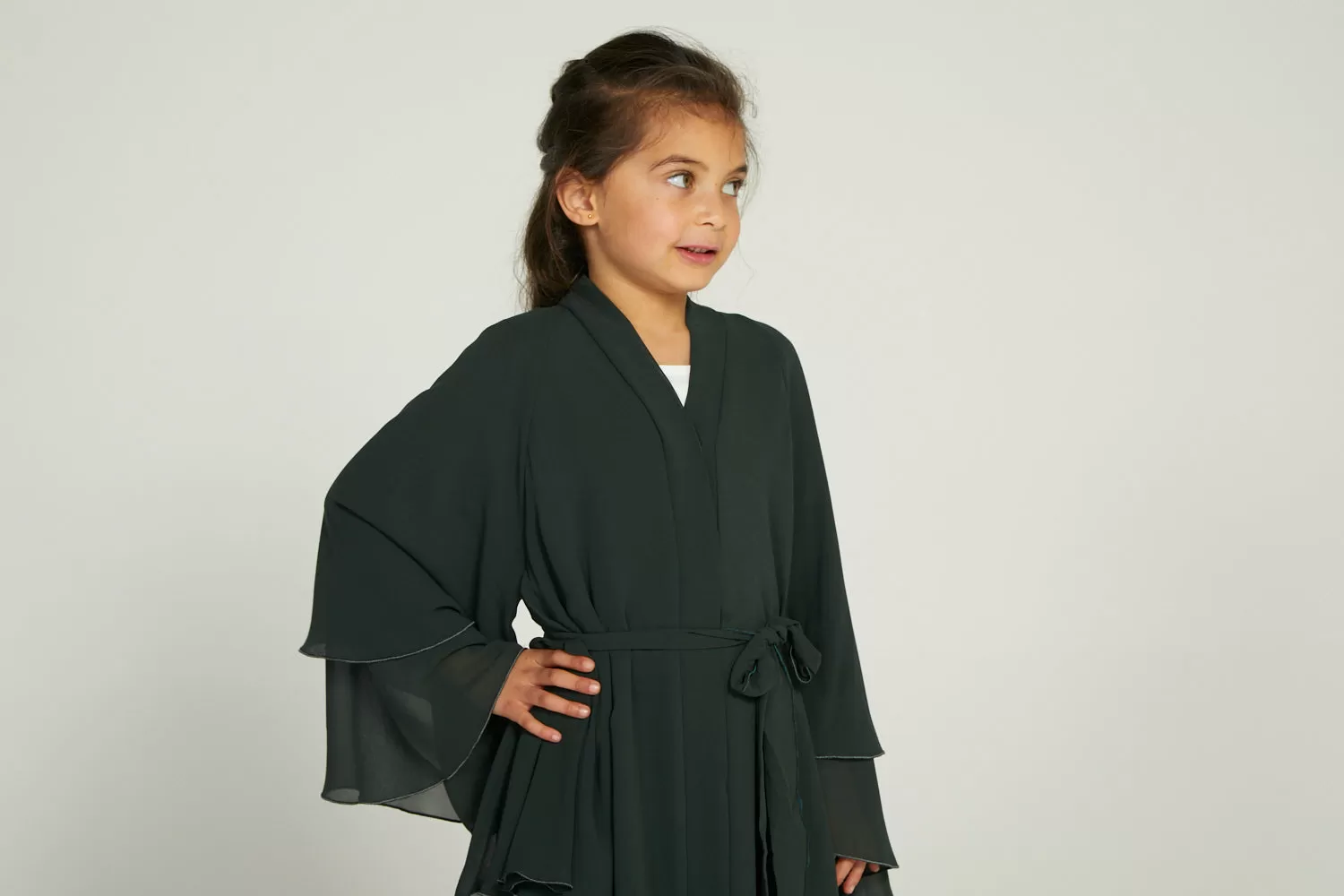 Junior Girls Chiffon Layered Open Abaya -  Forest Green