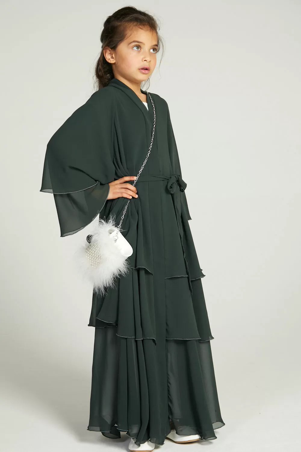 Junior Girls Chiffon Layered Open Abaya -  Forest Green