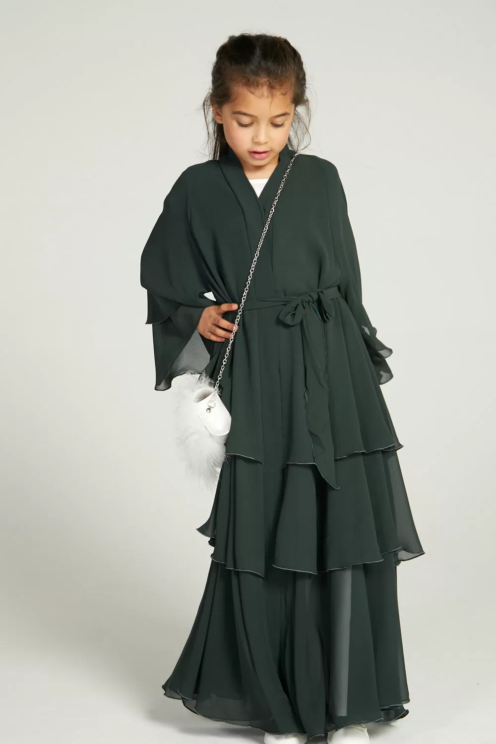 Junior Girls Chiffon Layered Open Abaya -  Forest Green