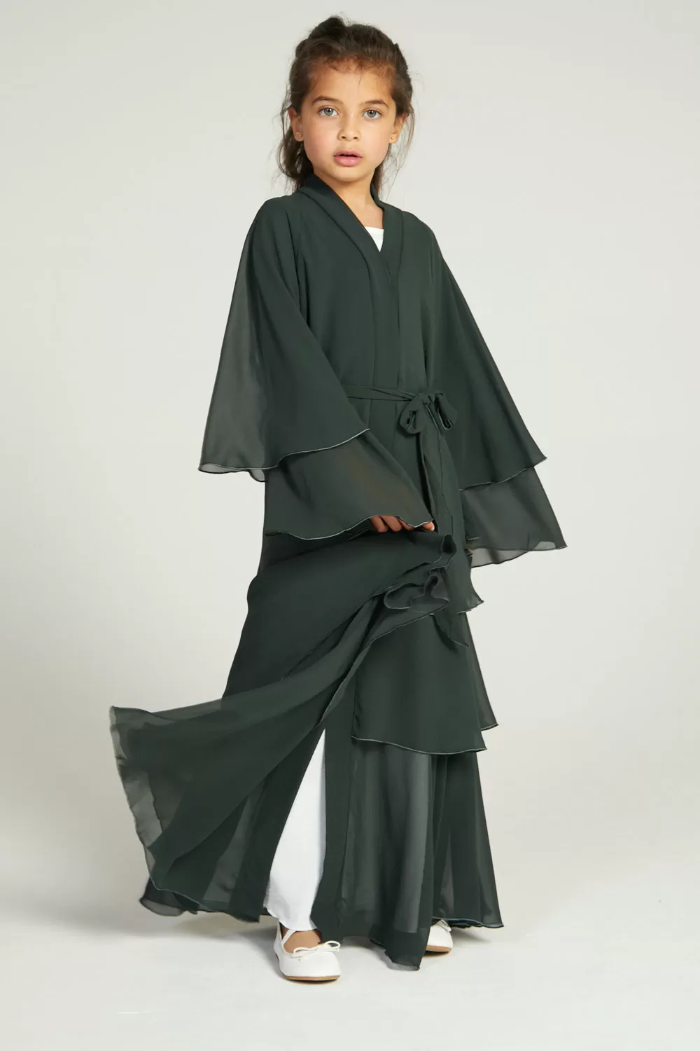 Junior Girls Chiffon Layered Open Abaya -  Forest Green