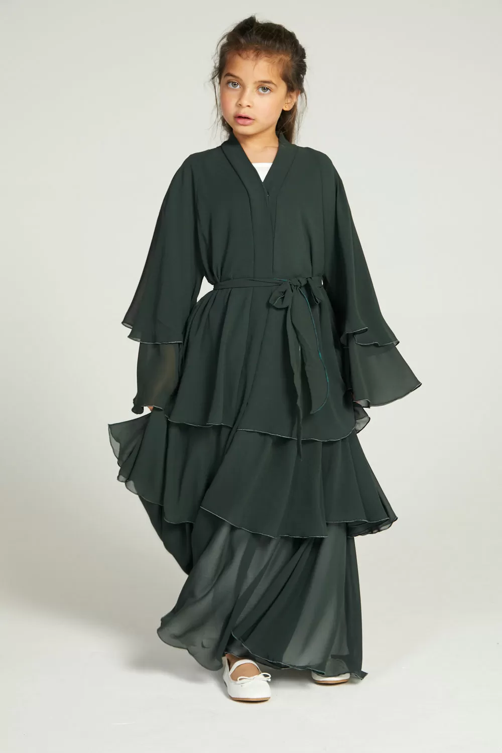 Junior Girls Chiffon Layered Open Abaya -  Forest Green