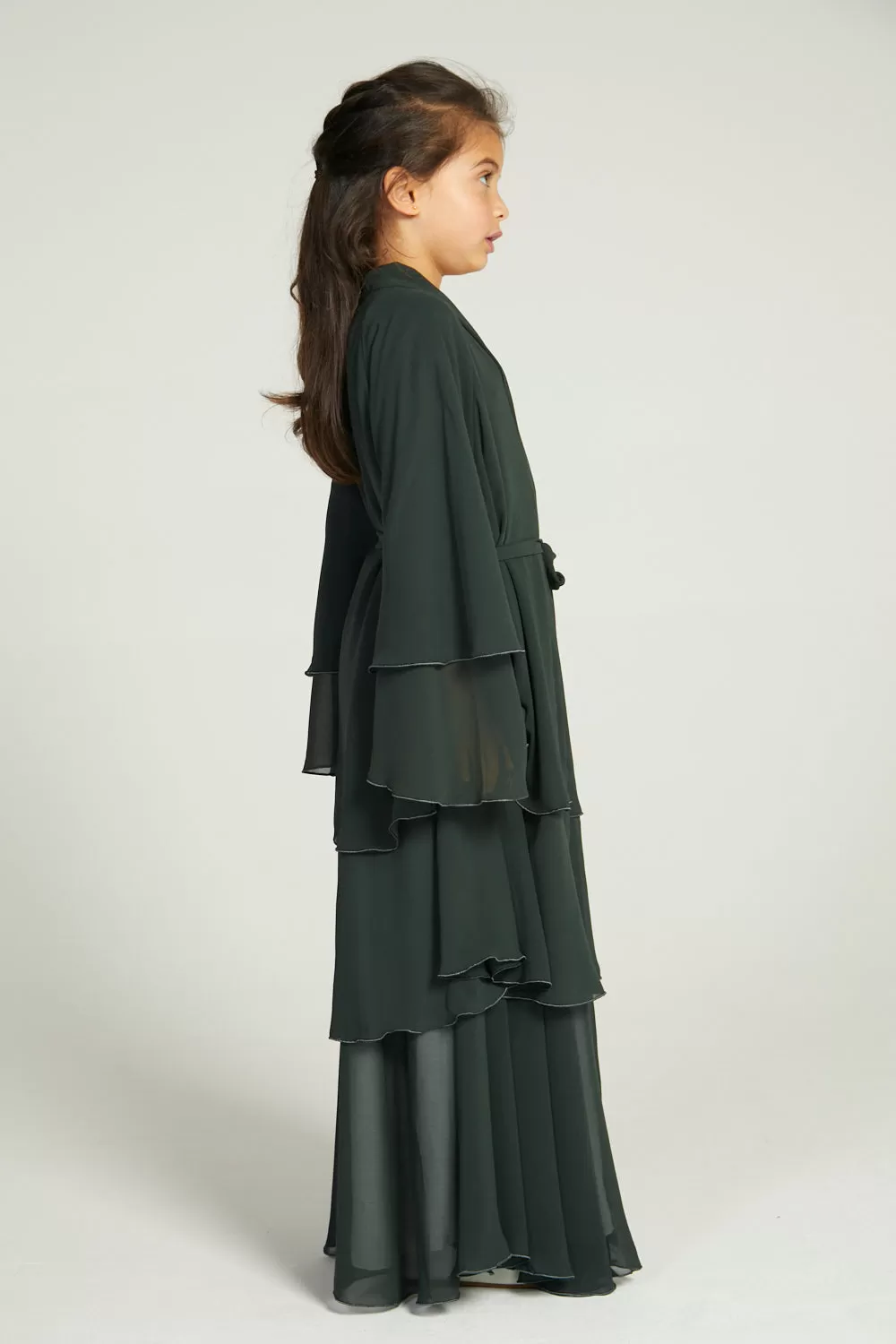 Junior Girls Chiffon Layered Open Abaya -  Forest Green