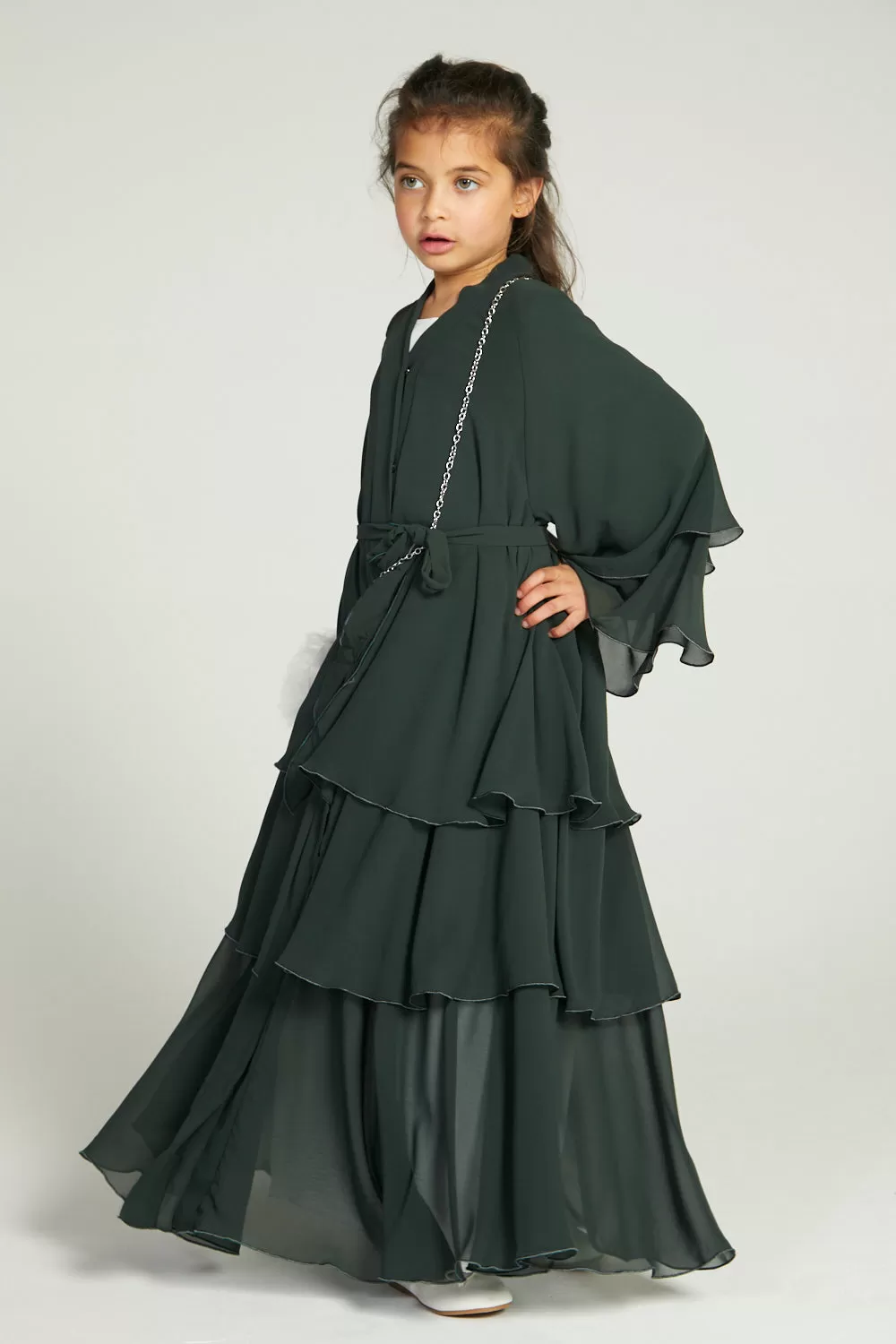 Junior Girls Chiffon Layered Open Abaya -  Forest Green