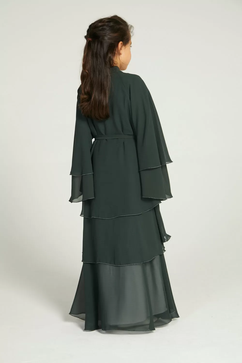 Junior Girls Chiffon Layered Open Abaya -  Forest Green