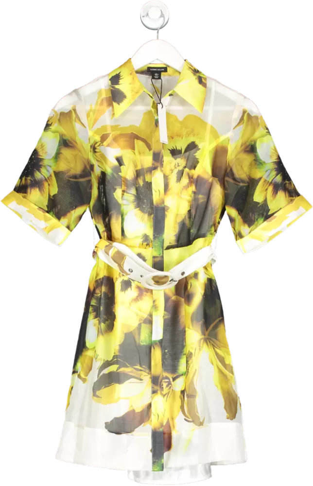 Karen Millen Yellow Photographic Floral Organdie Belted Mini Dress BNWT UK 6