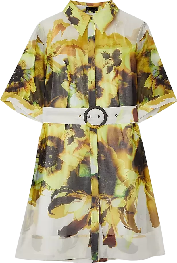 Karen Millen Yellow Photographic Floral Organdie Belted Mini Dress BNWT UK 6