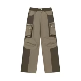 Khaki Color Matching Multi-pocket Wide Leg Denim Jeans for Men