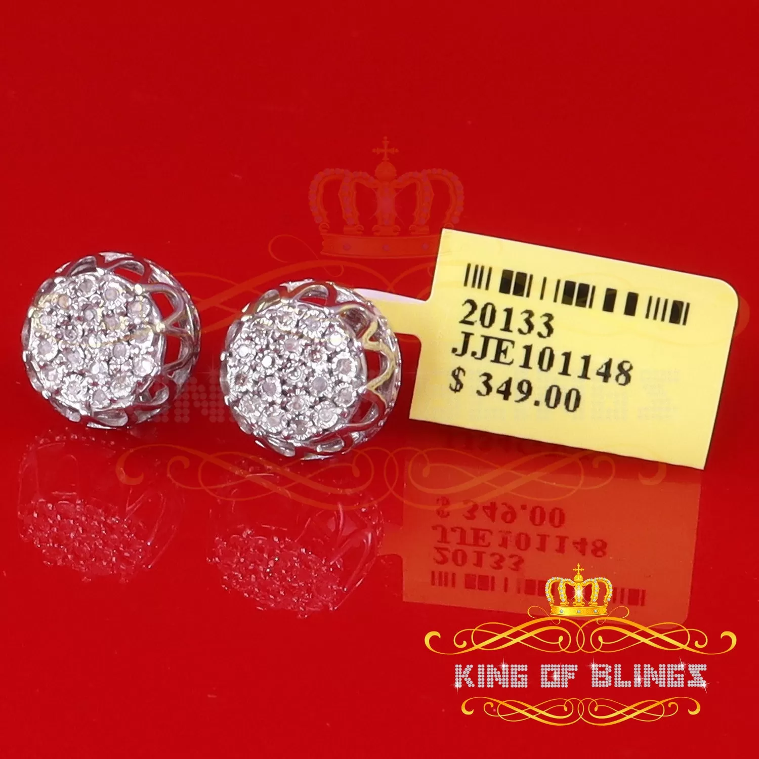 King Of Bling's 0.08ct Diamond 925 Sterling White Silver for Men's & Womens Stud Crown Earrings