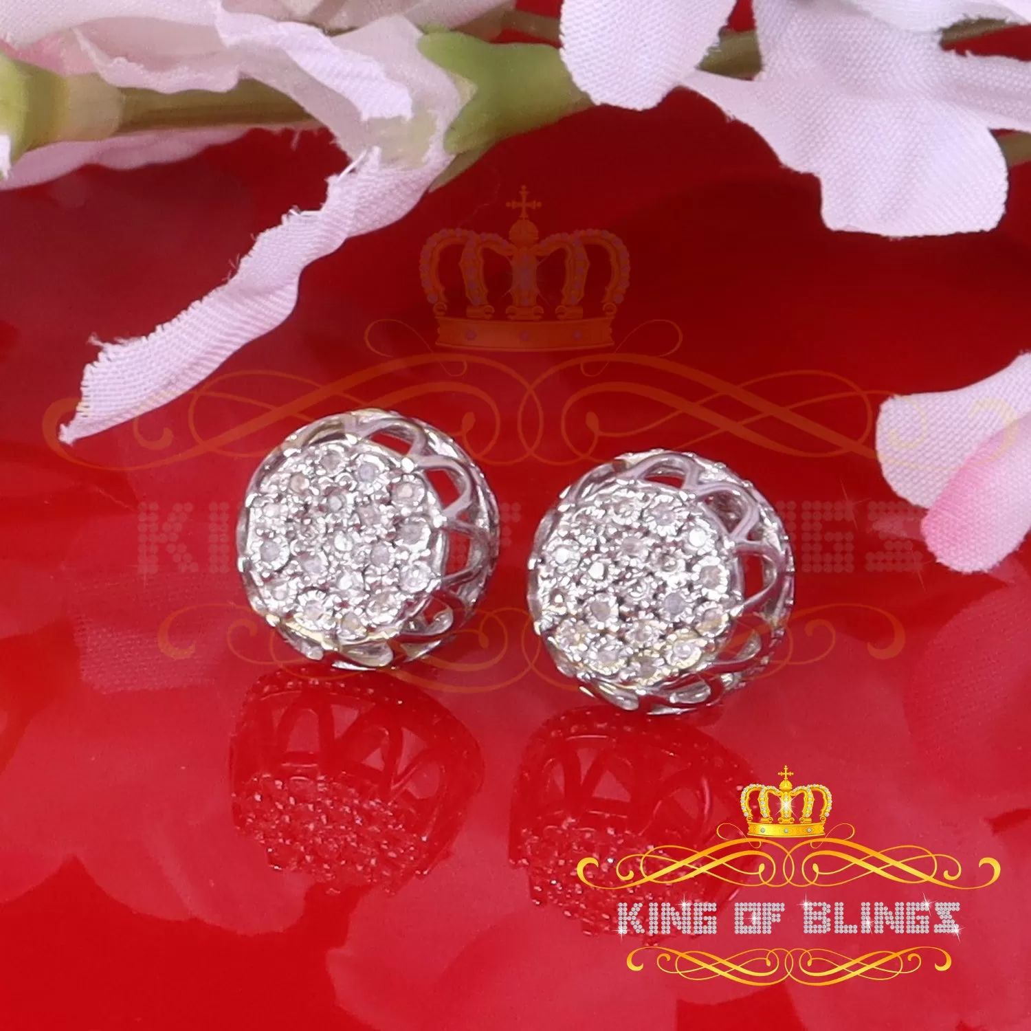 King Of Bling's 0.08ct Diamond 925 Sterling White Silver for Men's & Womens Stud Crown Earrings