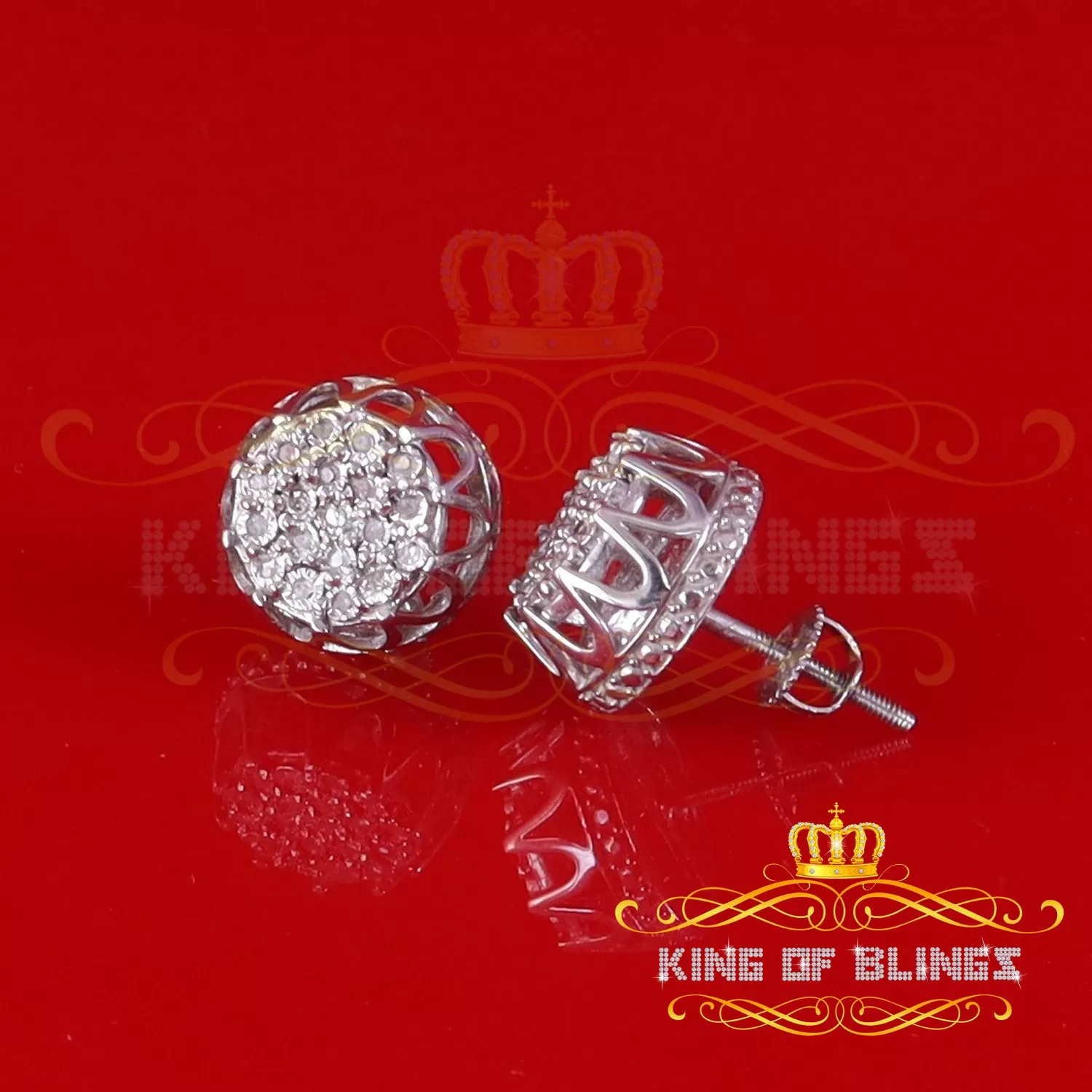 King Of Bling's 0.08ct Diamond 925 Sterling White Silver for Men's & Womens Stud Crown Earrings