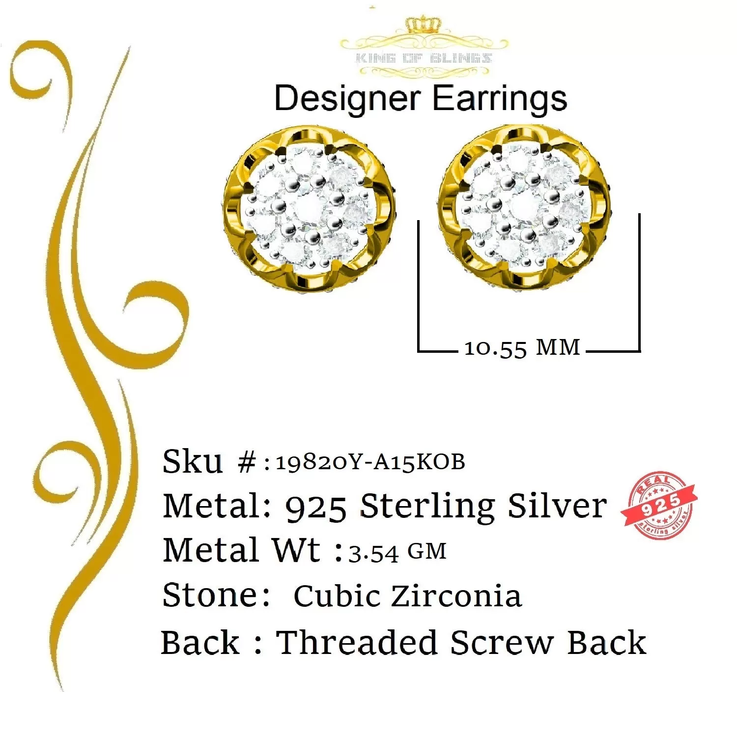 King of Bling's 2.02ct Cubic Zirconia 925 Yellow Silver Women's & Men's Hip Hop Flower Earrings