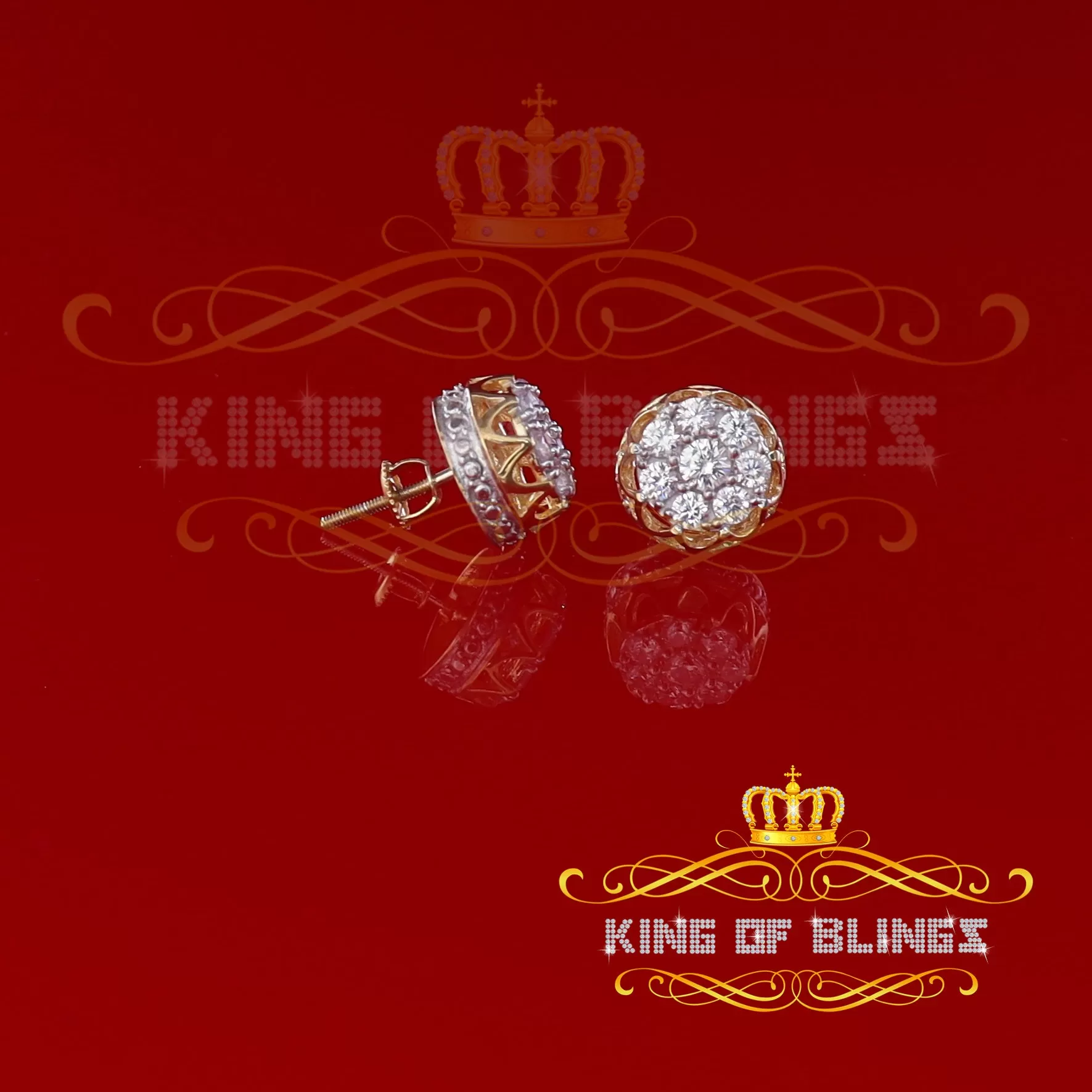 King of Bling's 2.02ct Cubic Zirconia 925 Yellow Silver Women's & Men's Hip Hop Flower Earrings