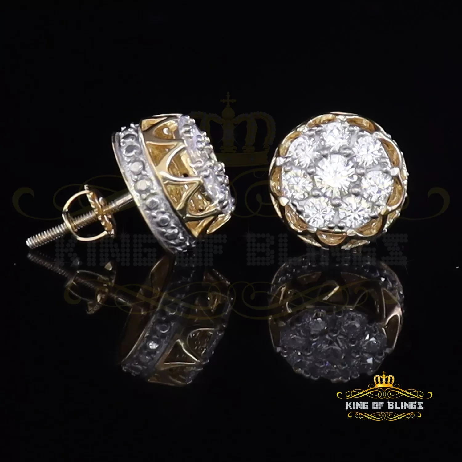 King of Bling's 2.02ct Cubic Zirconia 925 Yellow Silver Women's & Men's Hip Hop Flower Earrings