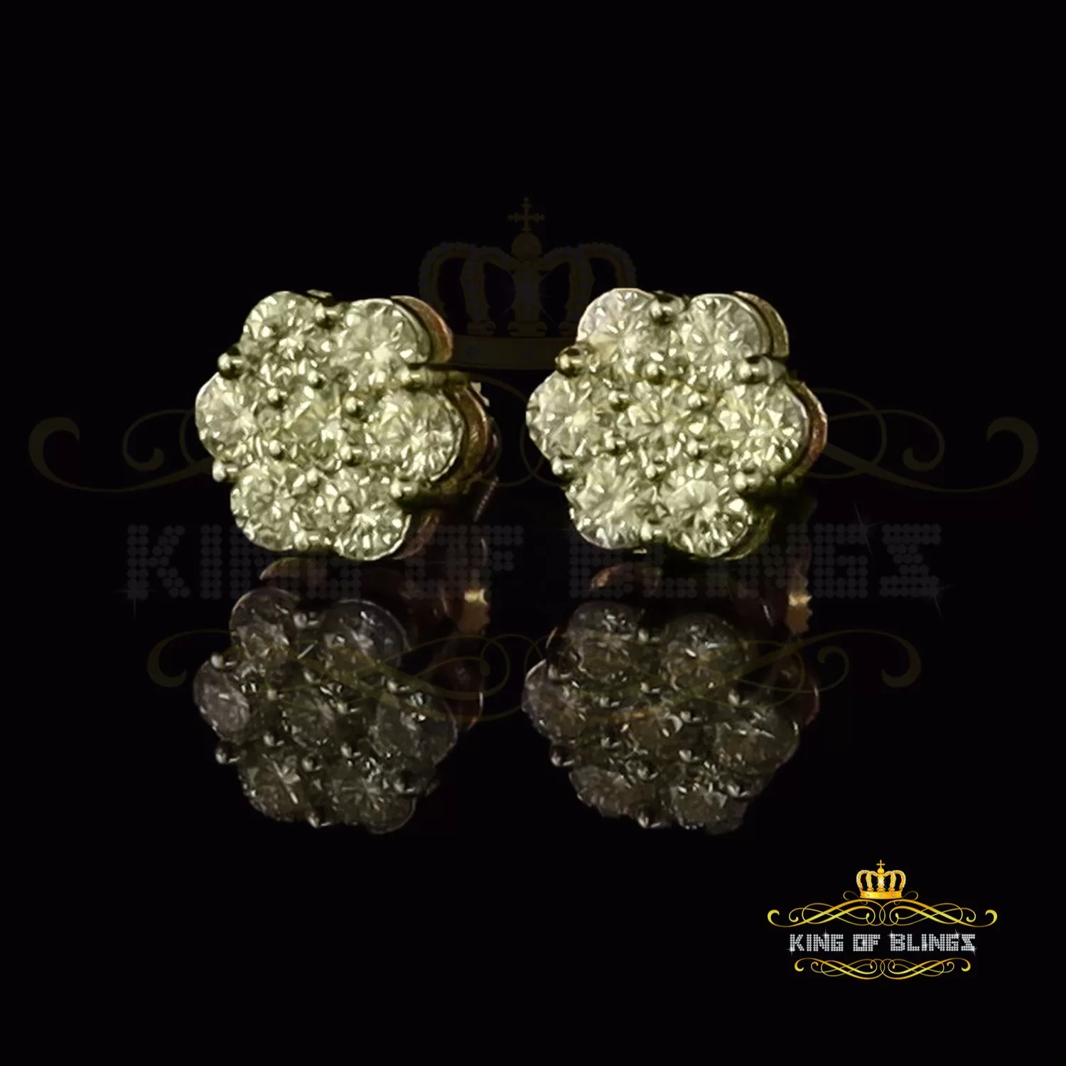 King of Bling's 4.12ct Cubic Zirconia 925 Yellow Silver Women's & Men's Hip Hop Flower Earrings