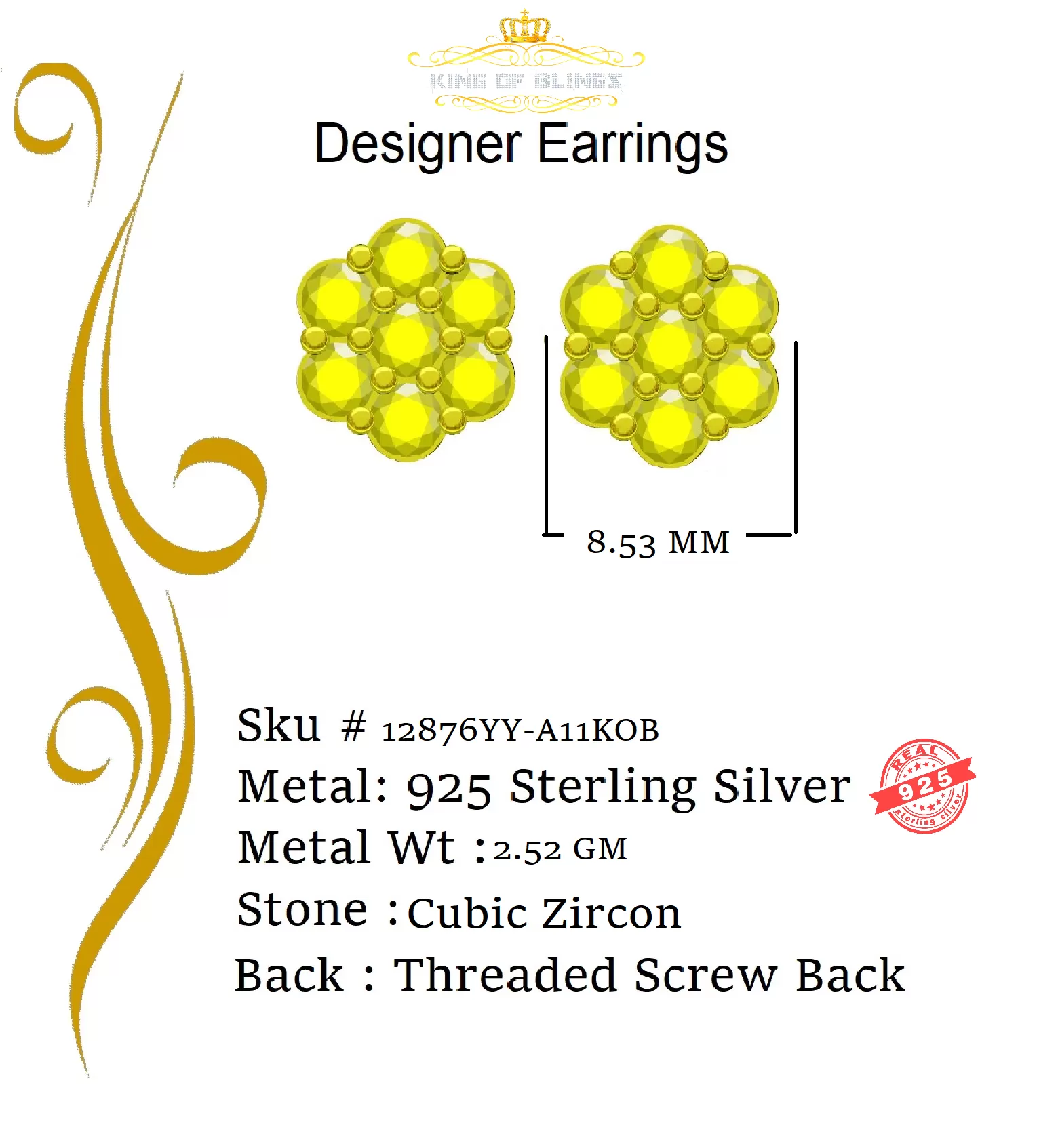 King of Bling's 4.12ct Cubic Zirconia 925 Yellow Silver Women's & Men's Hip Hop Flower Earrings