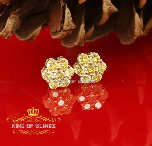 King of Bling's 4.12ct Cubic Zirconia 925 Yellow Silver Women's & Men's Hip Hop Flower Earrings