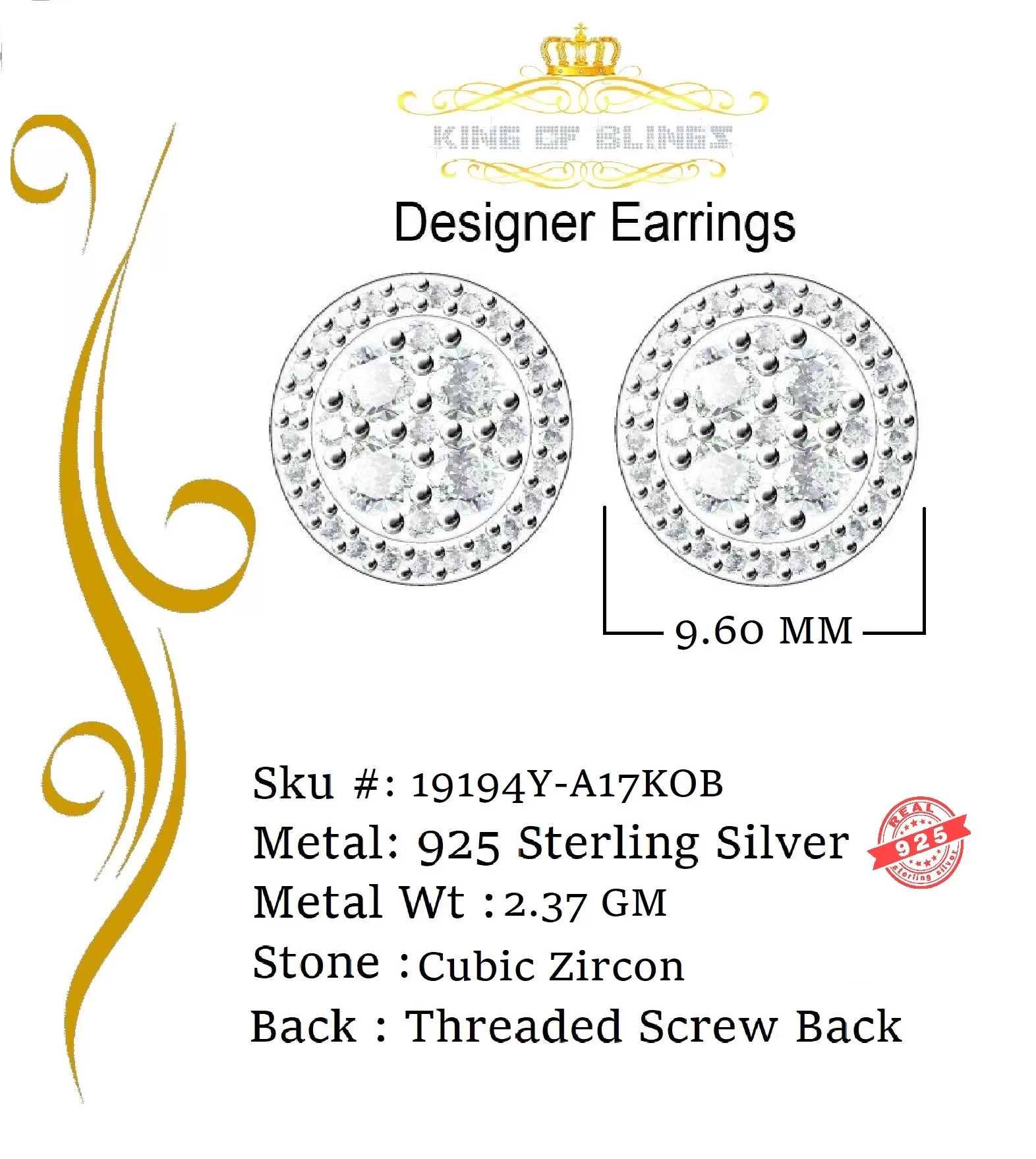 King of Bling's 925 Yellow Silver 1.77ct Cubic Zirconia Women's & Men's Hip Hop Round Earrings