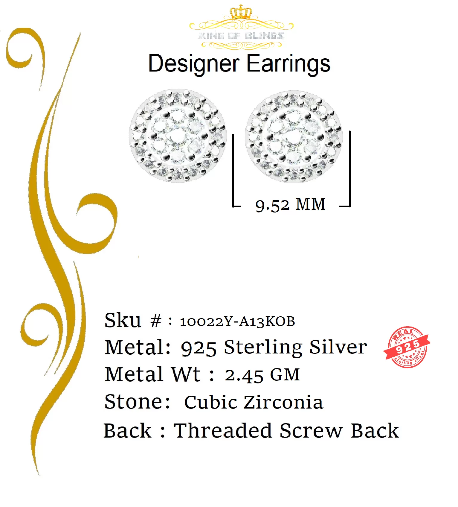 King of Bling's 925 Yellow Silver 1.96ct Cubic Zirconia Women's & Men's Hip Hop Round Earrings