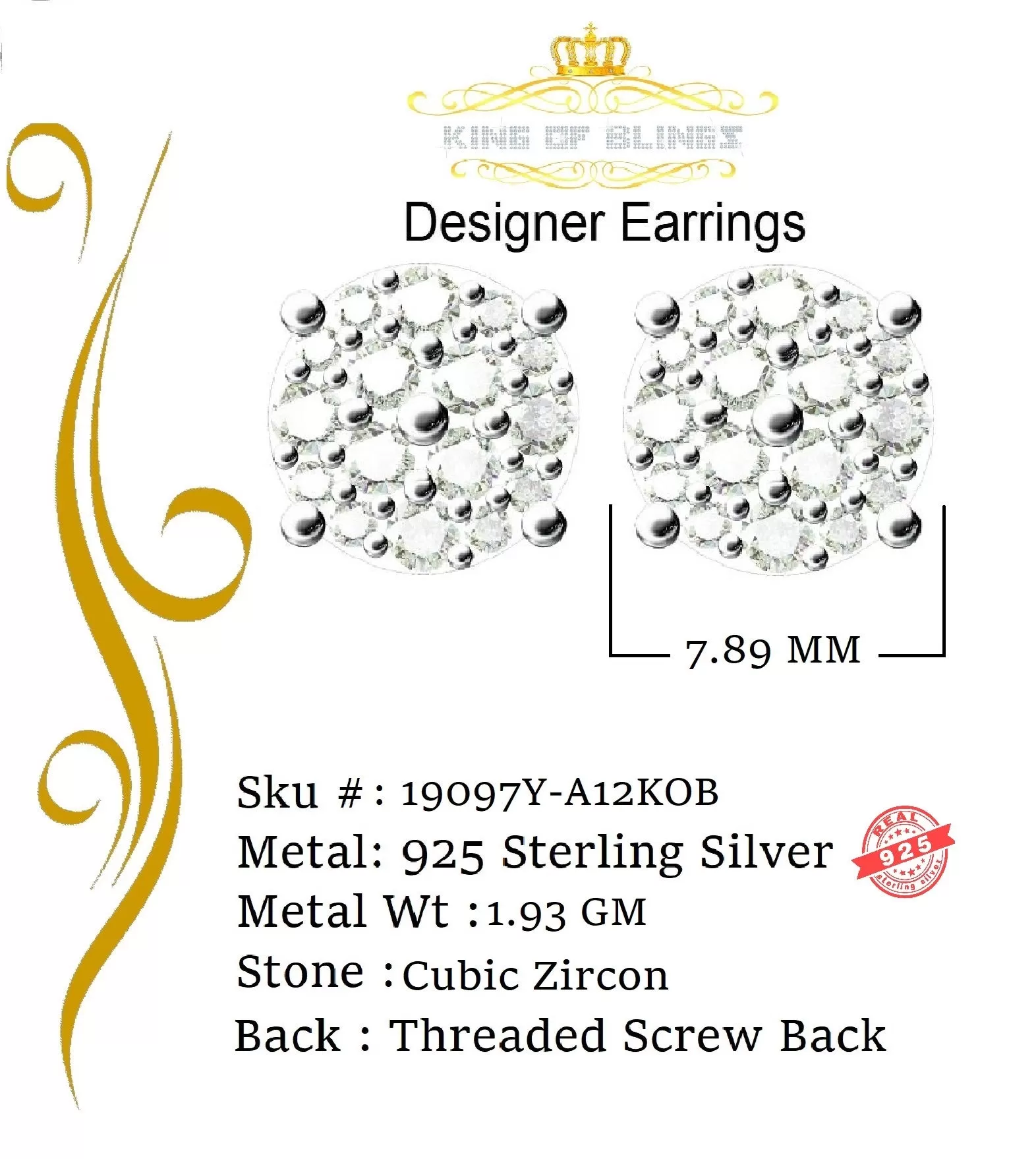 King of Bling's 925 Yellow Silver Aretes Para Hombre 0.87ct Cubic Zirconia Round Women's Earring