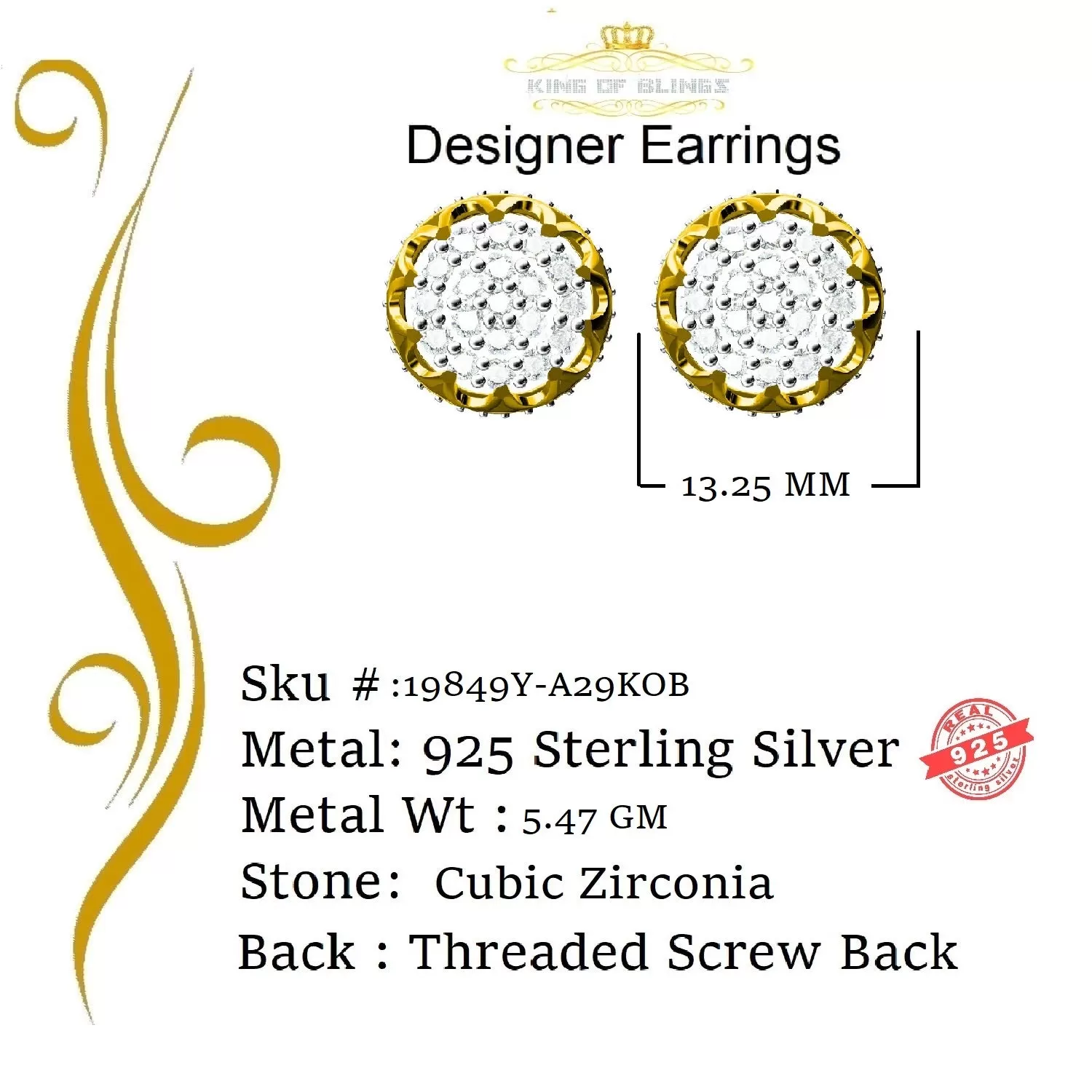 King of Bling's 925 Yellow Sterling Silver 2.28ct Cubic Zirconia Women's Hip Hop Flower Earrings