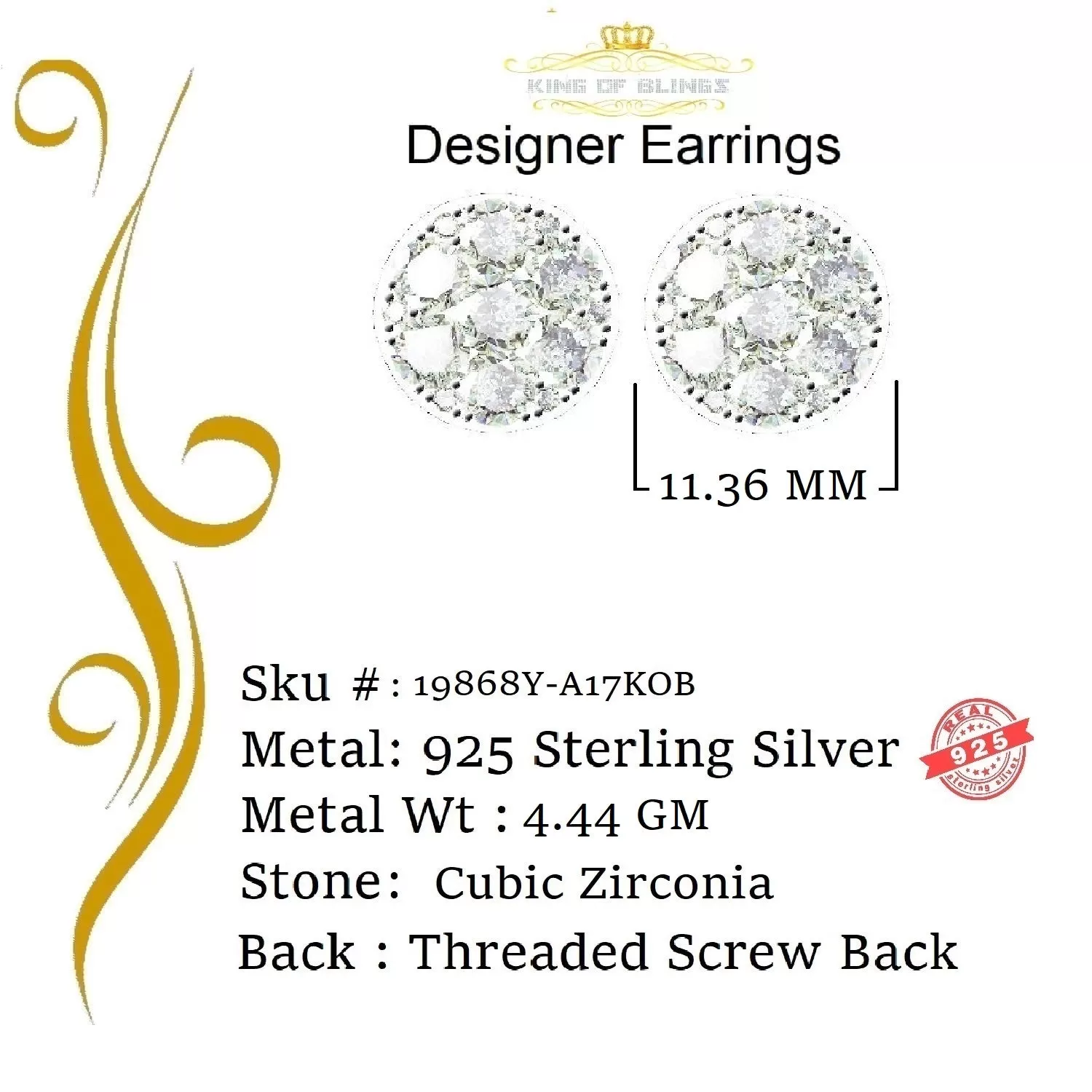 King of Bling's Aretes Para Hombre 925 Yellow Silver 5.56ct Cubic Zirconia Women Round Earrings