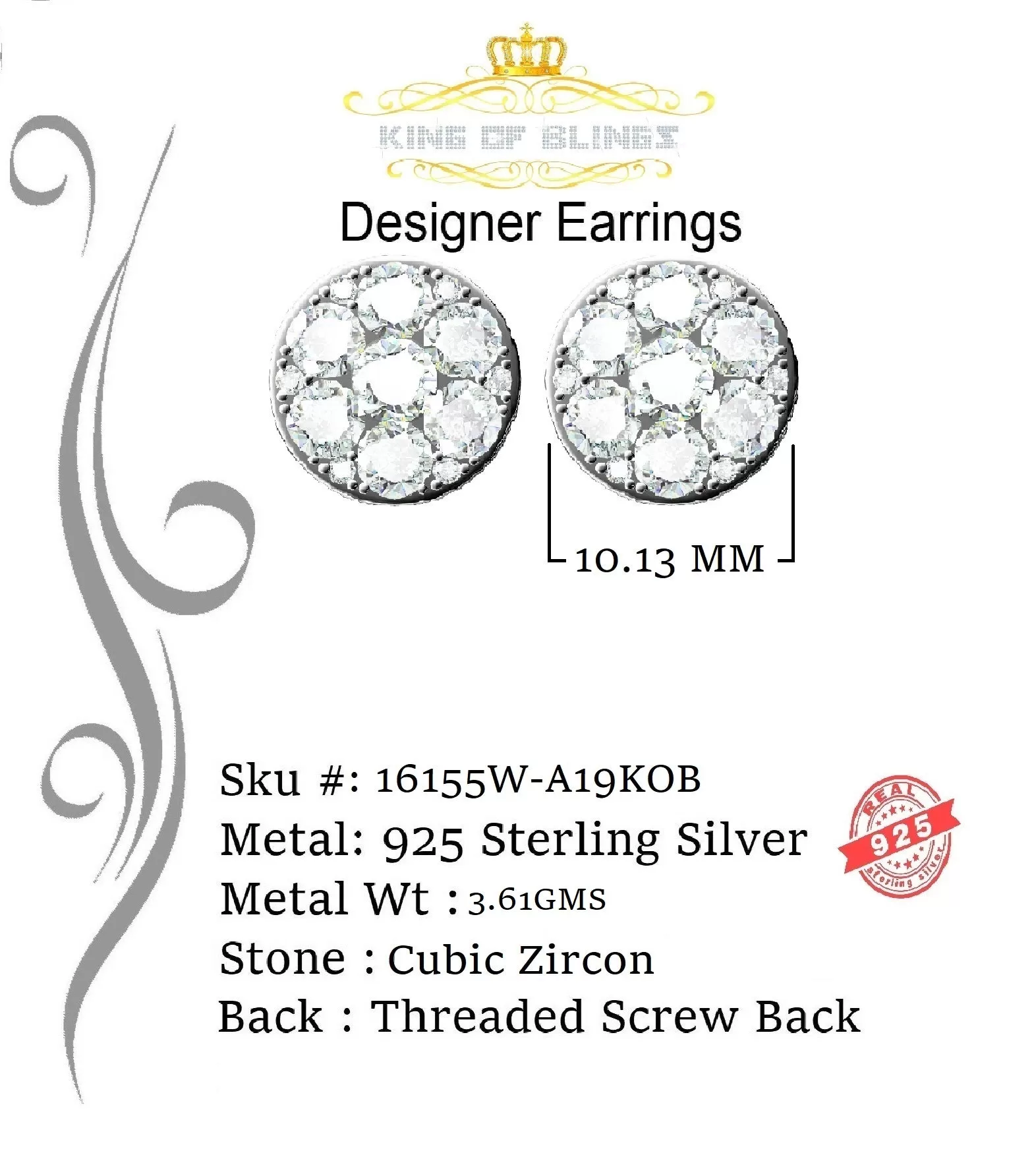 King of Blings- 3.02ct Cubic Zirconia 925 White Sterling Silver Hip Hop Round Earring for Ladies