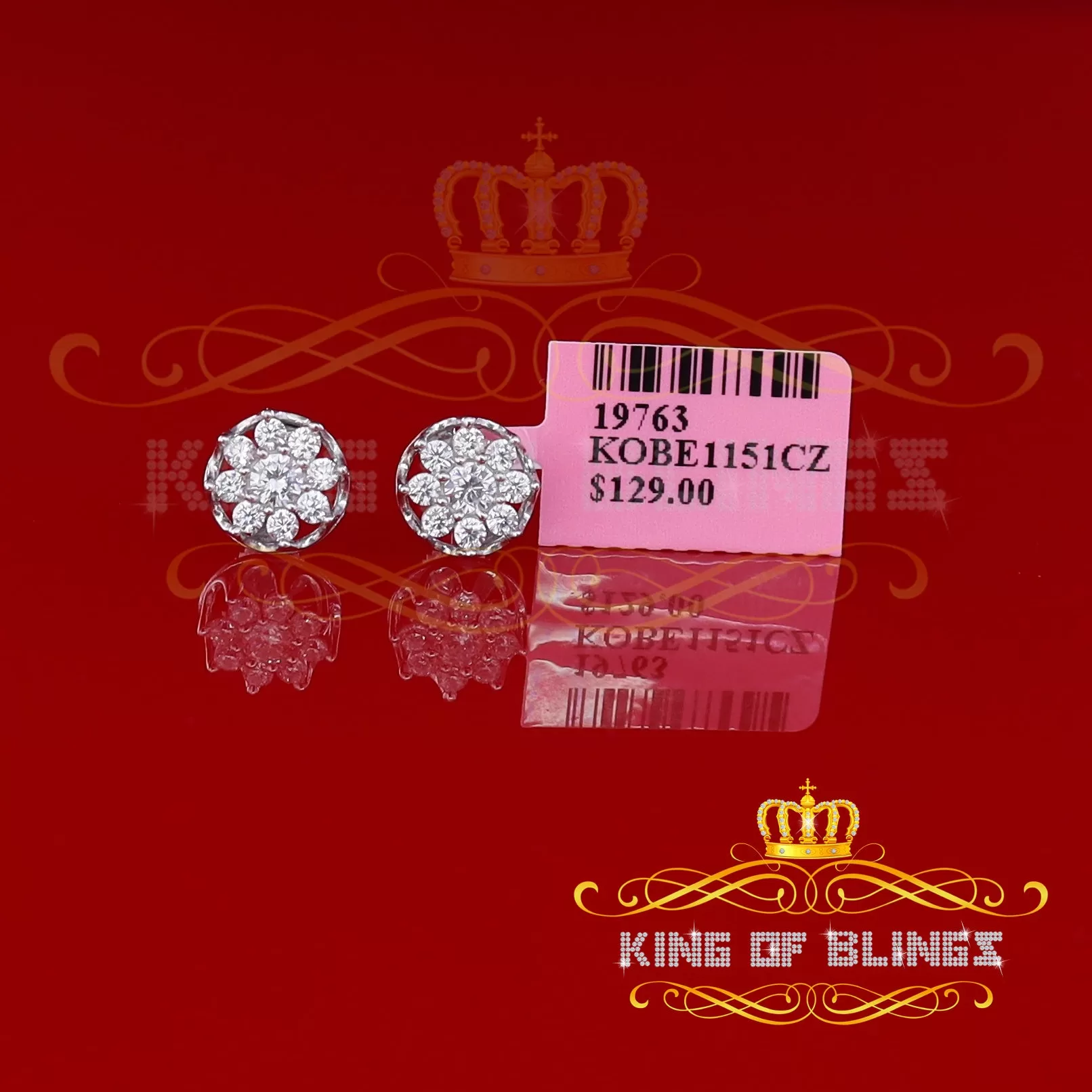 King of Blings- 925 White Silver Sterling 1.34ct Cubic Zirconia Hip Hop Floral Women's Earrings