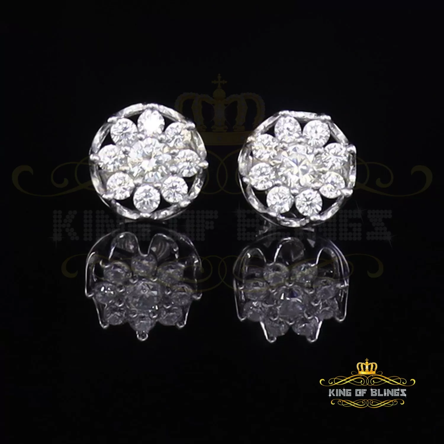 King of Blings- 925 White Silver Sterling 1.34ct Cubic Zirconia Hip Hop Floral Women's Earrings