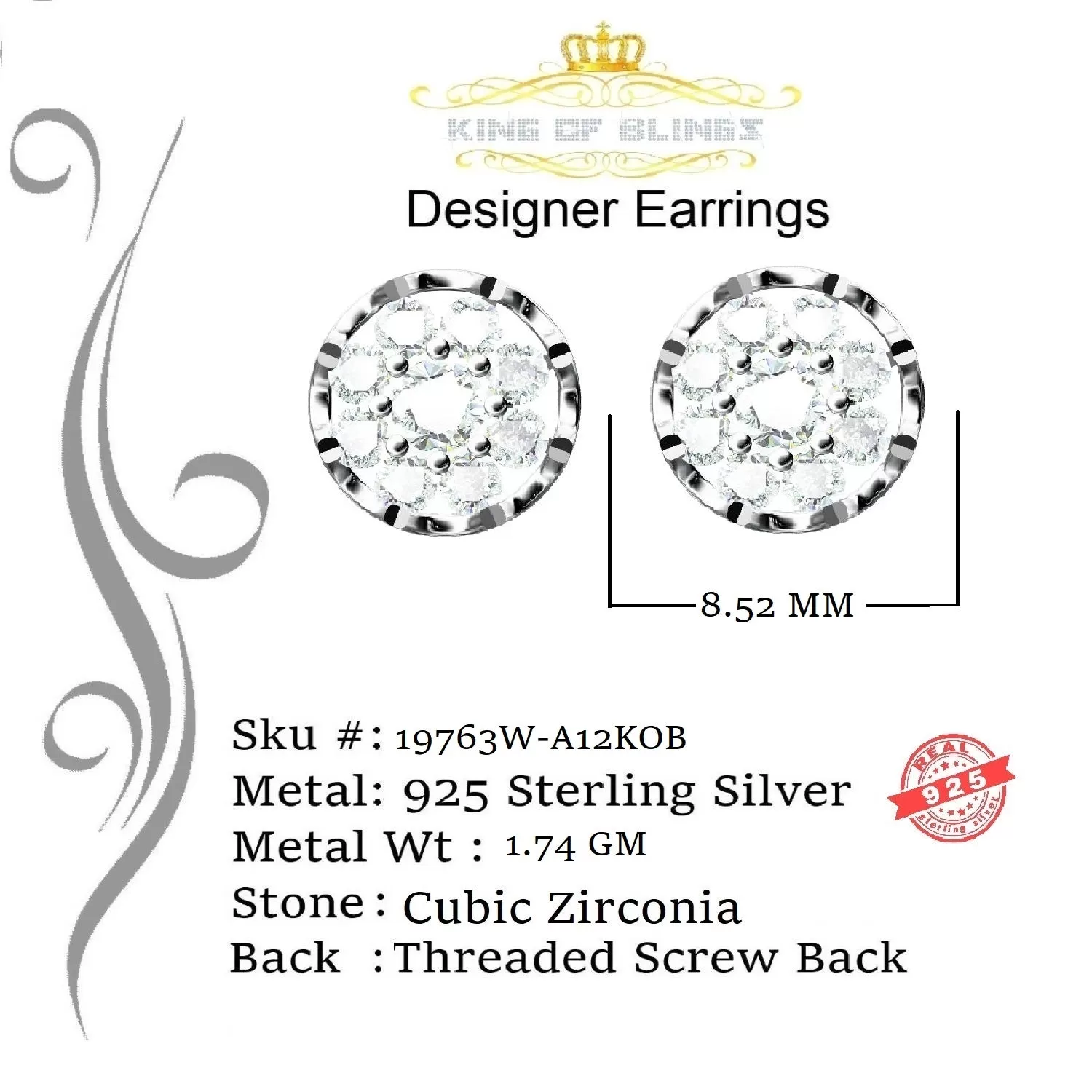 King of Blings- 925 White Silver Sterling 1.34ct Cubic Zirconia Hip Hop Floral Women's Earrings