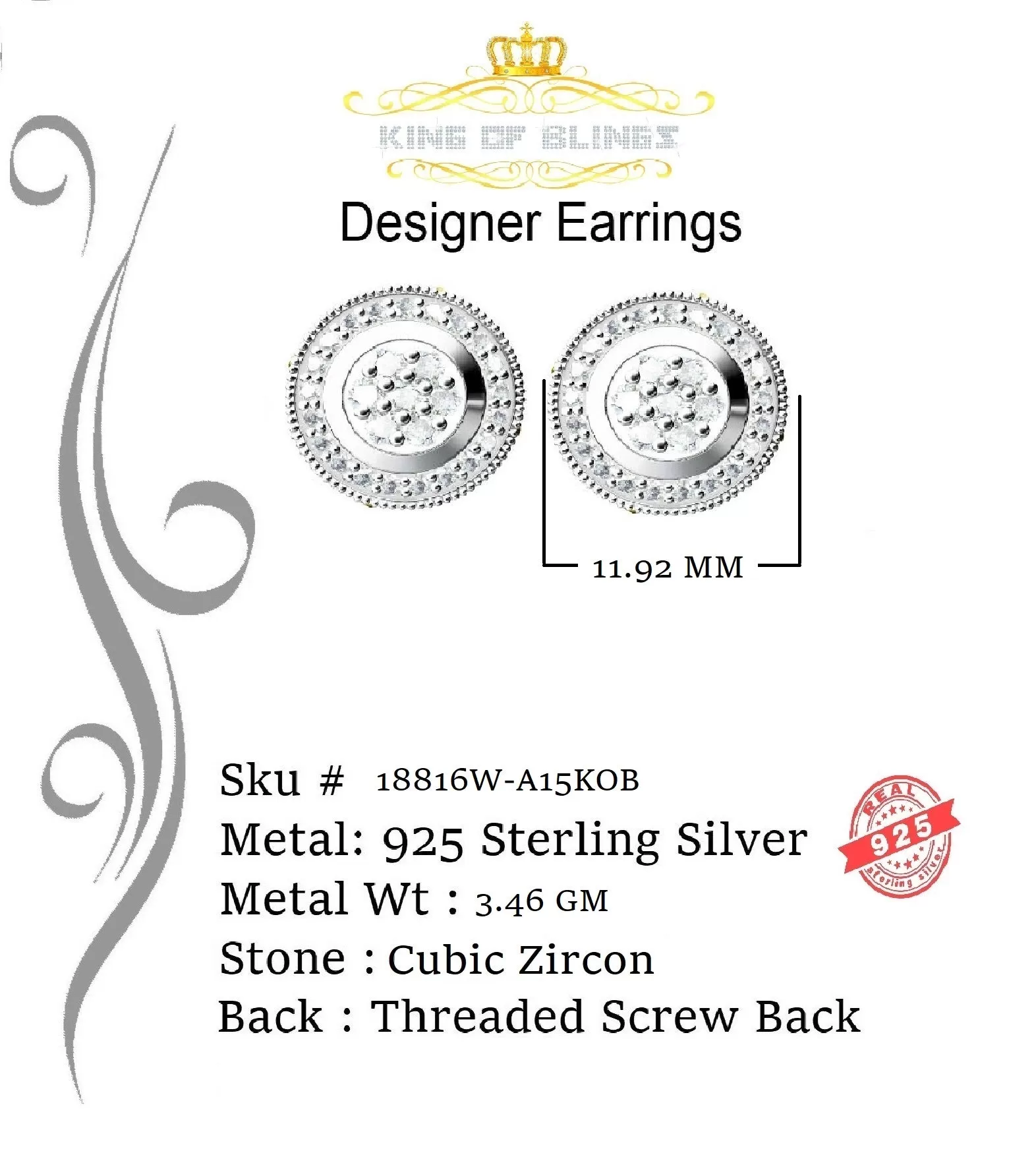 King of Blings- Aretes Para Hombre 925 White Silver 1.78ct Cubic Zirconia Round Women's Earrings