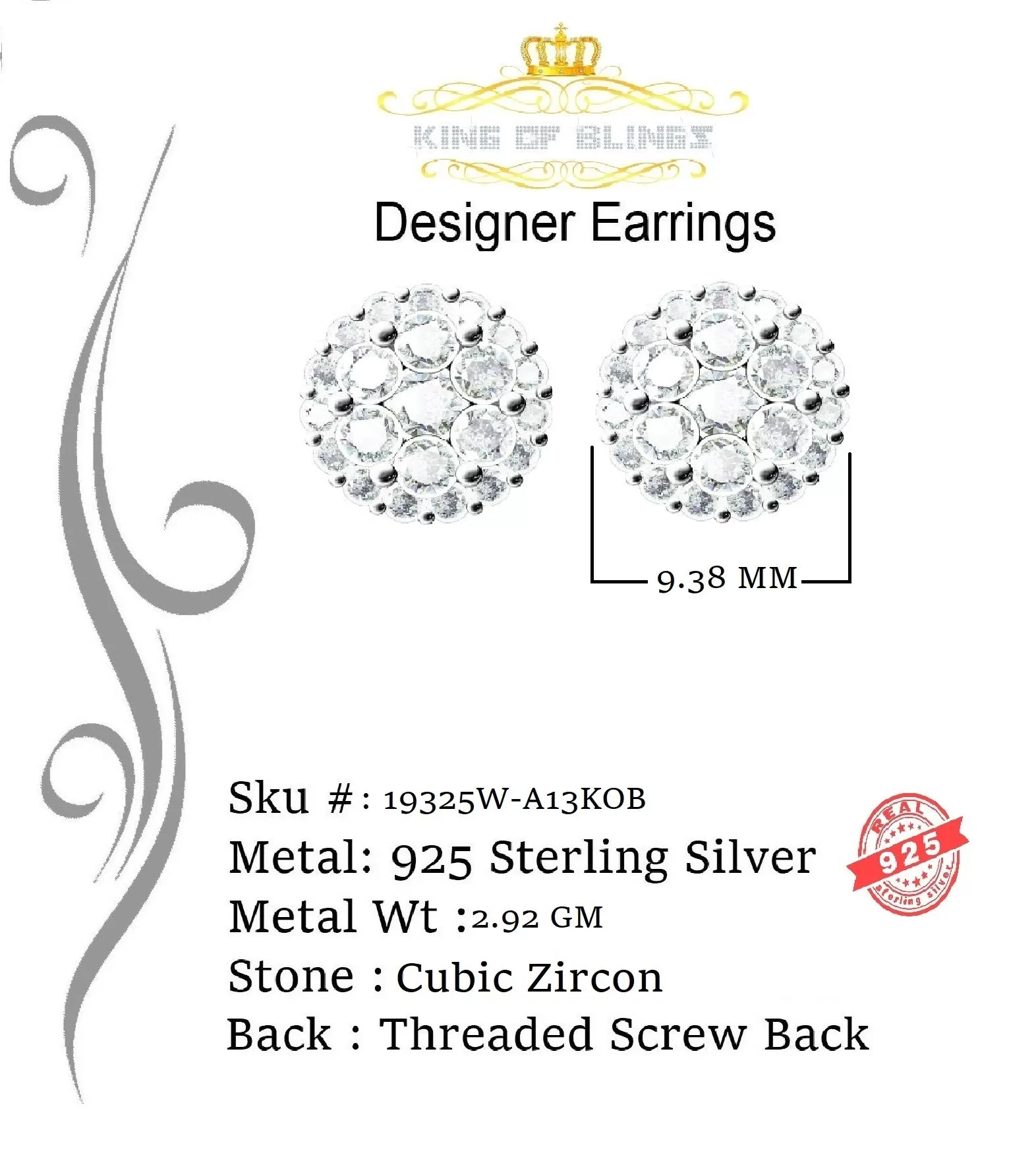 King of Blings- Aretes Para Hombre 925 White Silver 2.45ct Cubic Zirconia Round Women's Earring