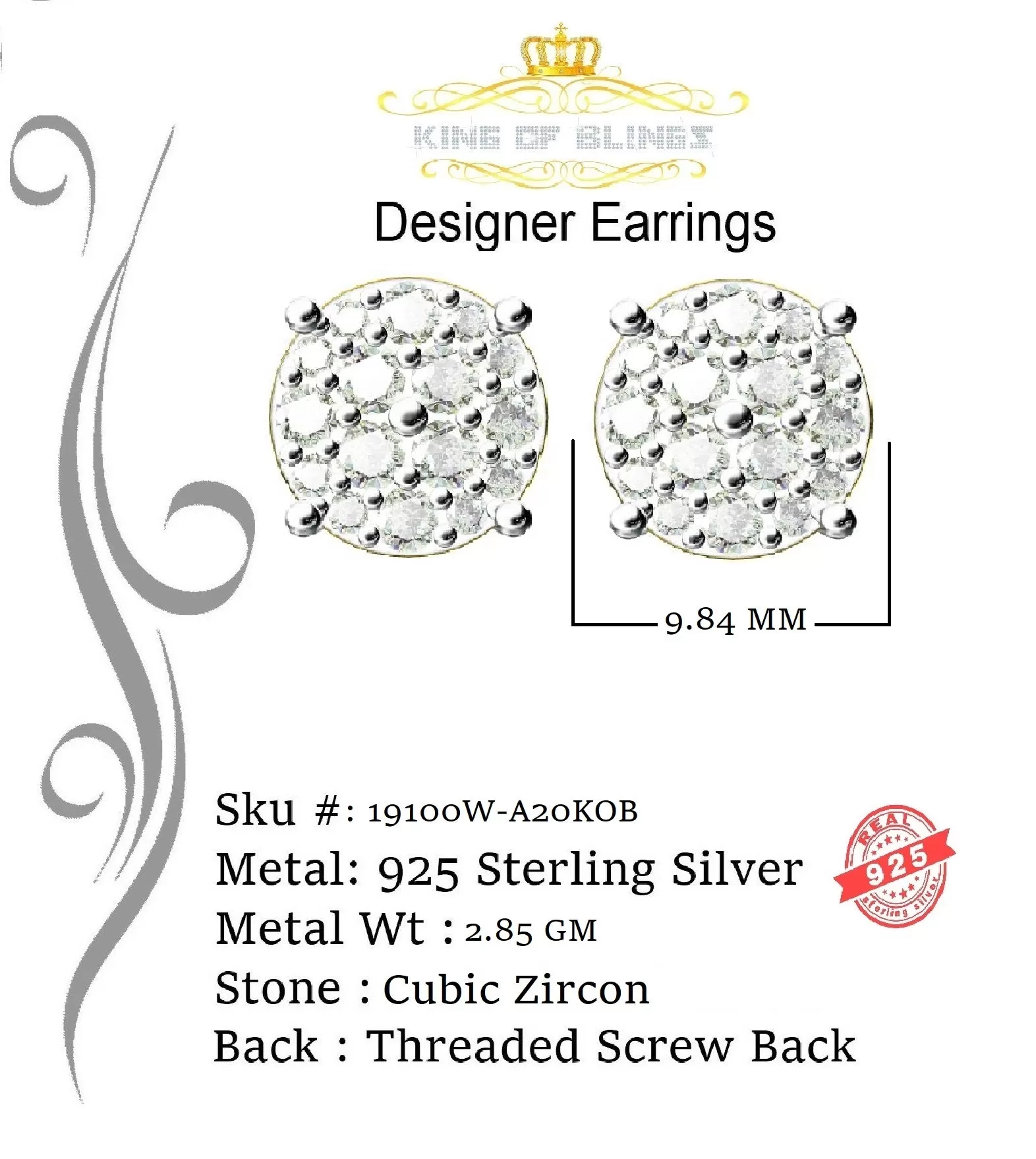 King of Blings- Aretes Para Hombre 925 White Silver 2.96ctCubic Zirconia Round Women's Earrings