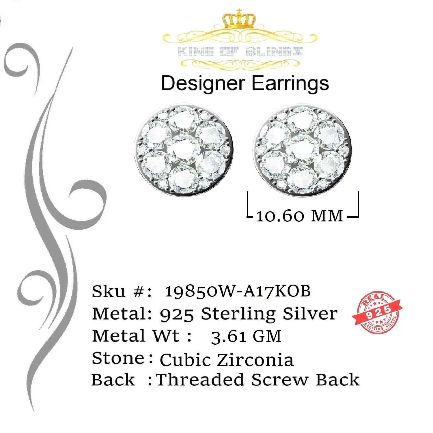 King of Blings- White 925 Sterling Silver 4.83ct Cubic Zirconia Women's & Men's Round Earrings