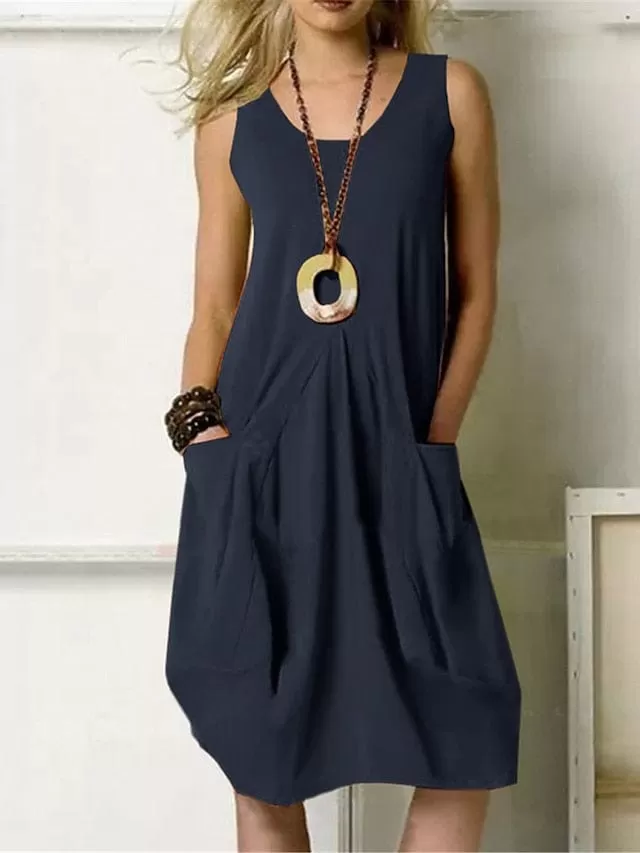 Ladies' Versatile Cotton Linen Midi Dress with U-Neck and Pockets, Available in Multiple Colors and Sizes