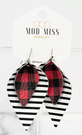 Leather Stacked Petal Earring Buffalo Plaid Red Mini on Black & White Stripe (Thin Stripes)