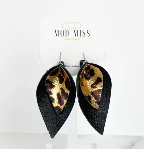 Leather Stacked Petal Earring Leopard Metallic   Black