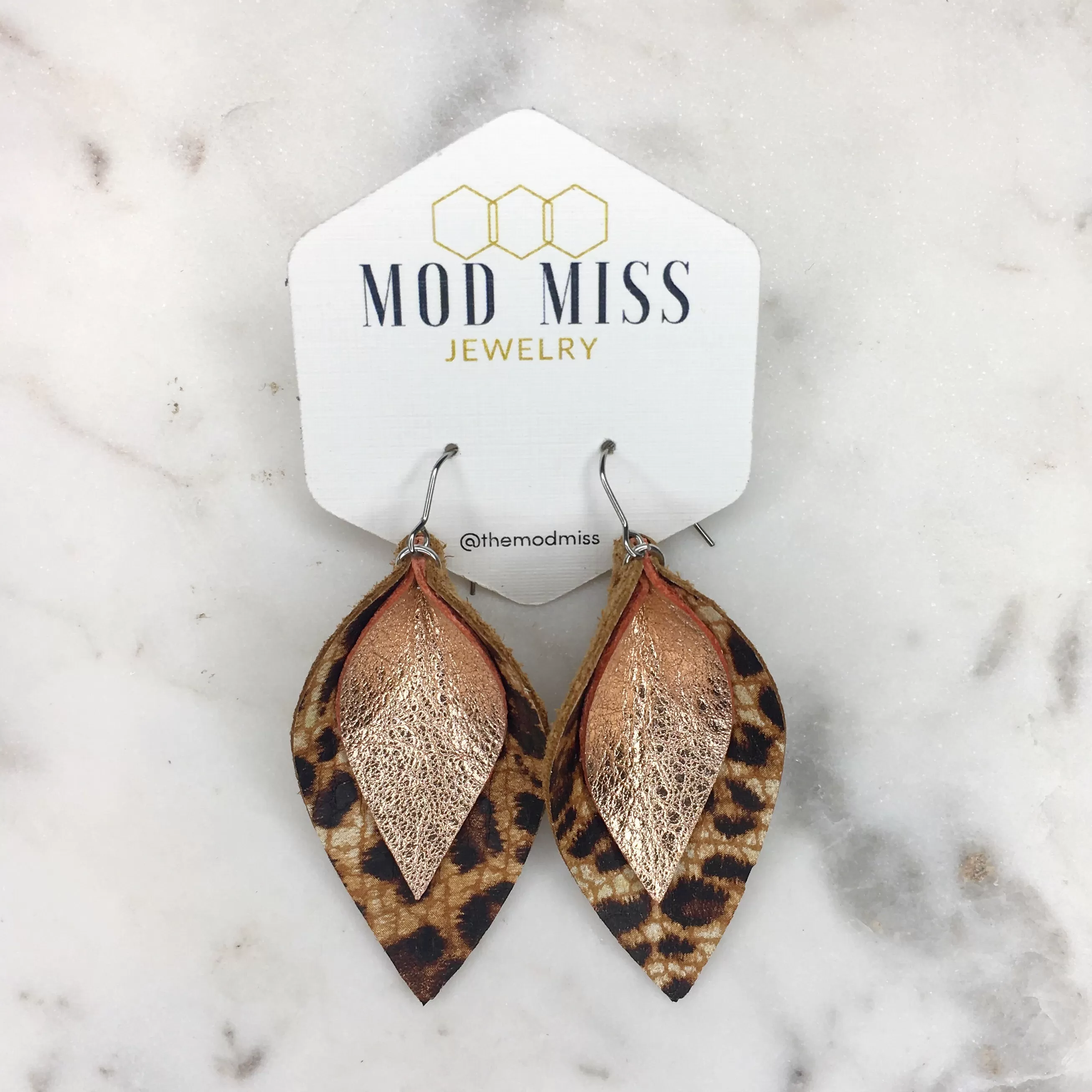 Leather Stacked Petal Earring LeopardCrackle on MetallicRoseGold